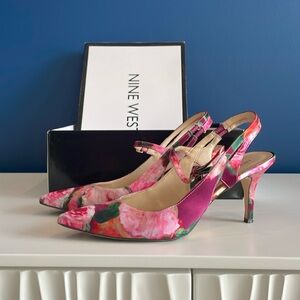 Nine West Pink Floral Pointed-Toe Slingback Heels